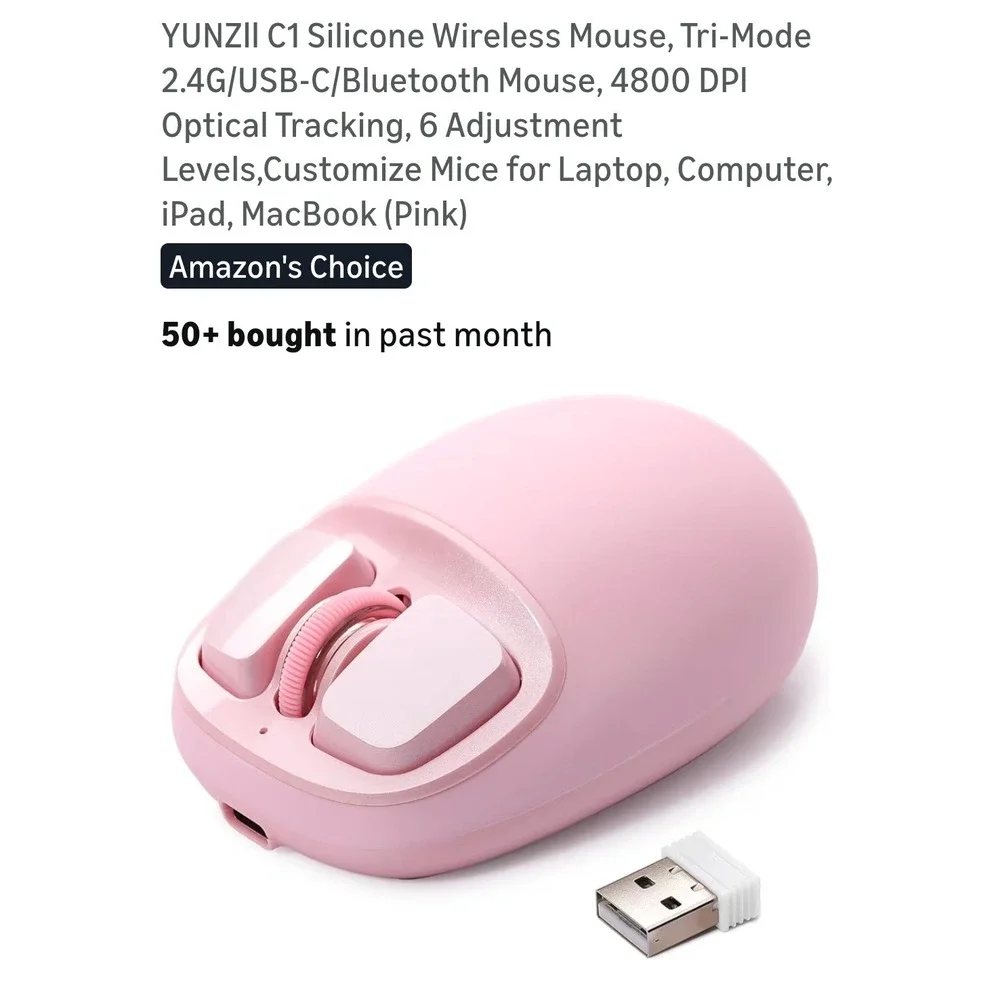 YUNZII C1 Silicone Wireless Mouse‎ Tri-Mode Bluetooth 4800 DPI Pink C1-Pink